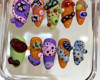 Handmade 3D Abstract Press On Nails: Colorful Y2K Pop Art False Nail Set