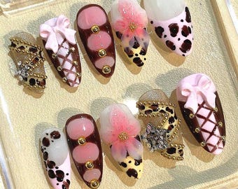 Pink Leopard Press On Nails: 3D Bow, Flower & Rhinestone Nail Art
