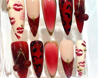 Red Cherry Kiss Press On Nails – Leopard & Lip Print Ombre Nail Set