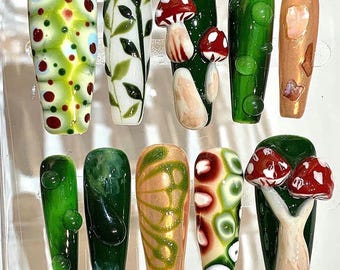 Mushroom Forest Press On Nails – Green Nature Cottagecore Nail Set