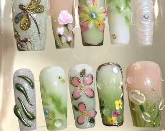 Spring Garden Press On Nails: Handmade Floral Nail Art Set