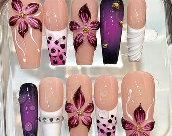3D Floral Press On Nails | Burgundy Flower, Purple Ombre
