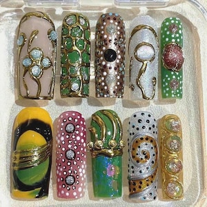 Hand Painted Press On Nails | Green Gold Abstract Dot Art image 1