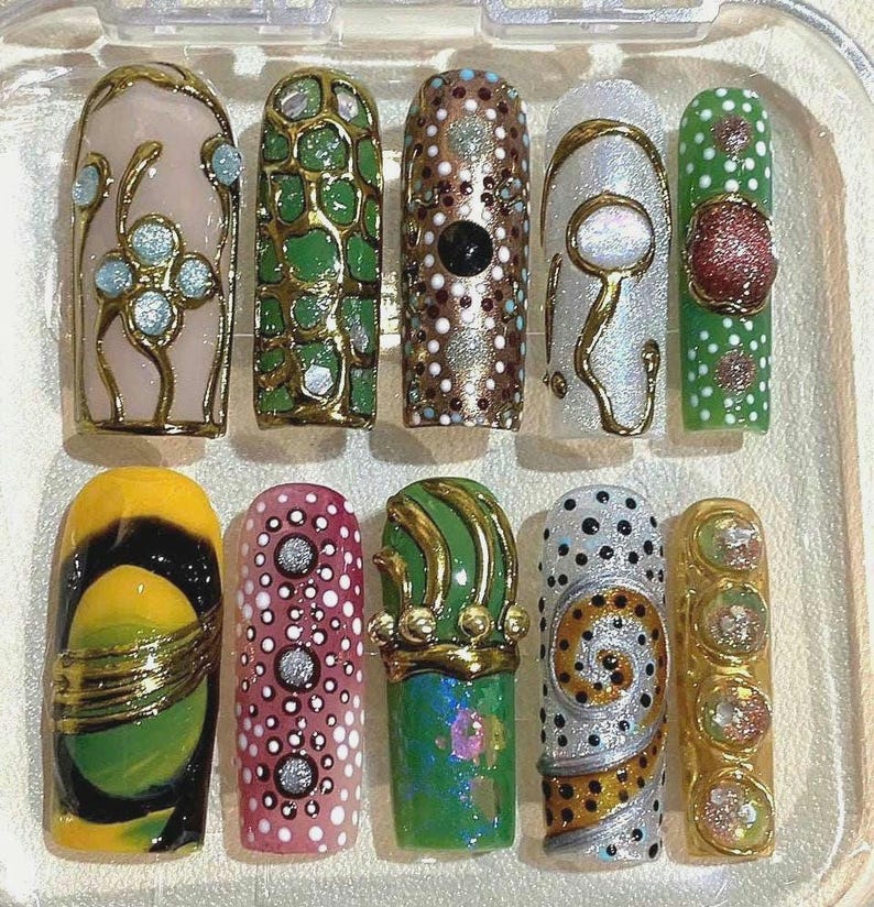 Hand Painted Press On Nails | Green Gold Abstract Dot Art image 1