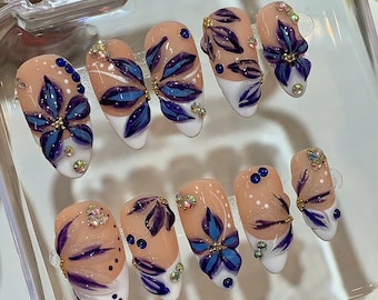 3D Blue Floral Press On Nails: Rhinestone French Tip Nail Art
