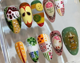 Hand Painted Cottagecore Press On Nails: Reusable Farmhouse Nail Art