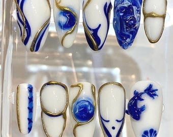 Blue White Porcelain Press On Nails | Gold Outline Abstract Nails | Luxury Handmade Nail Set