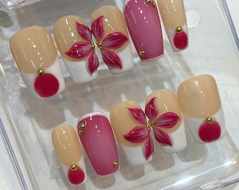 Pink 3D Flower Press On Nails | Elegant White French Tip Nail Set