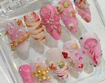3D Seashell Press On Nails: Pink Beige Mermaid Nail Art