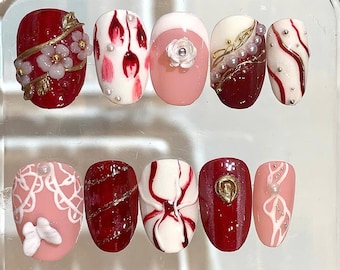 Red Pink Pearl Press On Nails | Luxury Floral Nail Set | Handmade 3D Design
