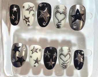 Metallic Star Press On Nails – Black White Silver Nail Art