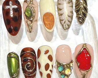 Gold Press-On Nails, Brown Green Gold, Ruby Gem, 3D Artistic Design