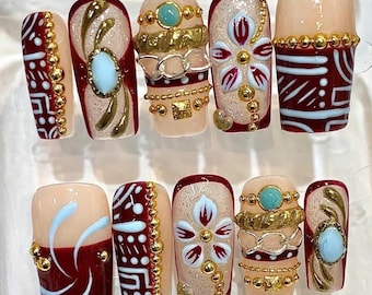 Burgundy Gold Floral Press On Nails, Turquoise Boho Folk Art Set