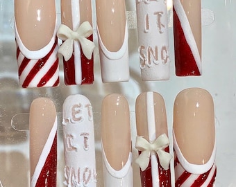 Christmas Candy Cane Press On Nails – Red White Let It Snow Nail Set