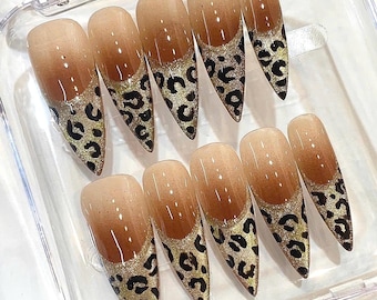 Leopard Print Press On Nails | Nude Brown Ombre Nails | Gold Glitter French Tip | Long Stiletto Nails | Luxury Animal Print Nails | Reusable