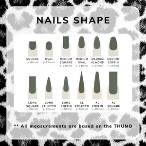 May include: A diagram illustrating various nail shapes, including square, oval, medium square, medium oval, almond, coffin, long square, long stiletto, long coffin, XL stiletto, XL coffin, and XL square. Measurements are based on the thumb, with lengths ranging from approximately 16mm to 40mm.