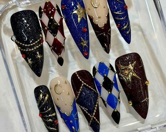 Harlequin Press On Nails: Gothic Star Moon Red Blue Black Diamond Nail Art