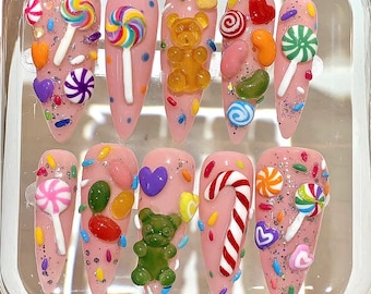 Candy Press On Nails | Gummy Bear & Lollipop Nails | Pink Sweet 3D Nail Art Set