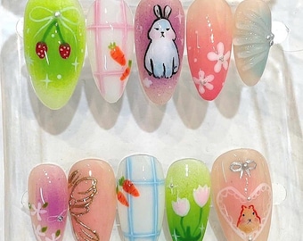 Handmade Bunny Strawberry Press On Nails, Pastel Spring Kawaii Almond Set