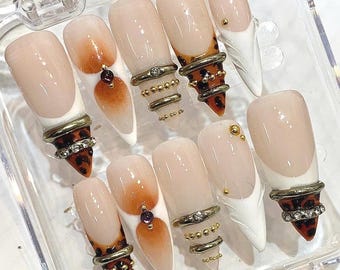 Leopard French Tip Press-On-Nägel, Goldring-Nagelset, Nude-Weiße Luxusnägel, Y2K Glam Press-On-Nägel, Handgemachte Chic Gel-Nägel