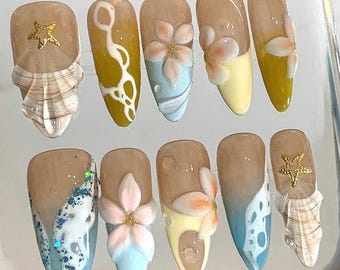 3D Ocean Press On Nails: Summer Beach Seashell Nail Art