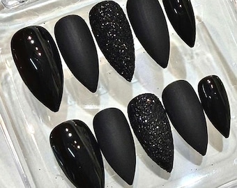 Black Stiletto Press On Nails – Glossy, Matte & Glitter, Reusable Nail Set
