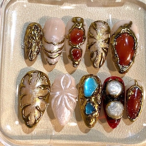 Luxury Gemstone Press On Nails: 3D Gold Foil, Crystal Accents