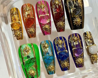Celestial Gemstone Press On Nails: Handmade Astrology Nail Art with Stars & Crystals