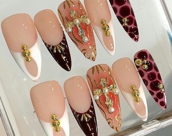 Baroque Burgundy Stiletto Press On Nails: Pearl Cross & Gold Accents