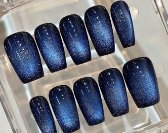 Blue Cat Eye Press On Nails | Galaxy Shimmer, Handmade False Nails