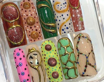 Abstract 3D Press On Nails: Handmade Artistic Festival Nail Art