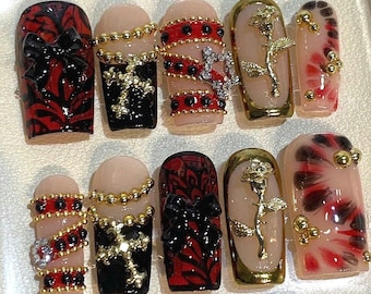 Gothic Press On Nails: Red Black Rose, Cross Charms & 3D Details