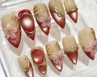 Cherry Blossom Stiletto Nails, Rose Gold Chrome 3D Sakura Floral Press On