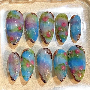 Hand-Painted Press On Nails – Watercolor Floral Design with Glitter Tips, Artistic Custom Nail Set