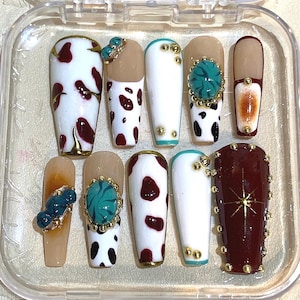 Western Cow Print Press On Nails: Turquoise Gemstone Rodeo Style