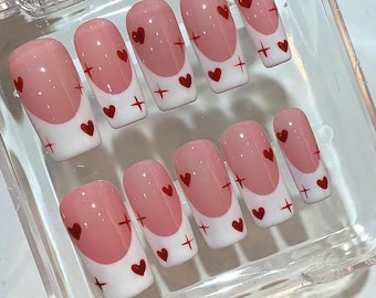 Heart French Tip Press On Nails: Pink & White Valentine's Day Coffin Set