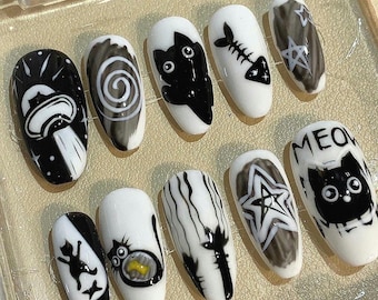 Black and White Cat Press On Nails: Goth Kawaii Handmade Nail Art