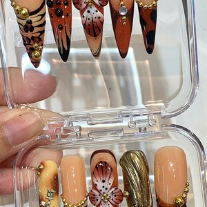 Brown Gold Press On Nails with 3D Flower Design image 3