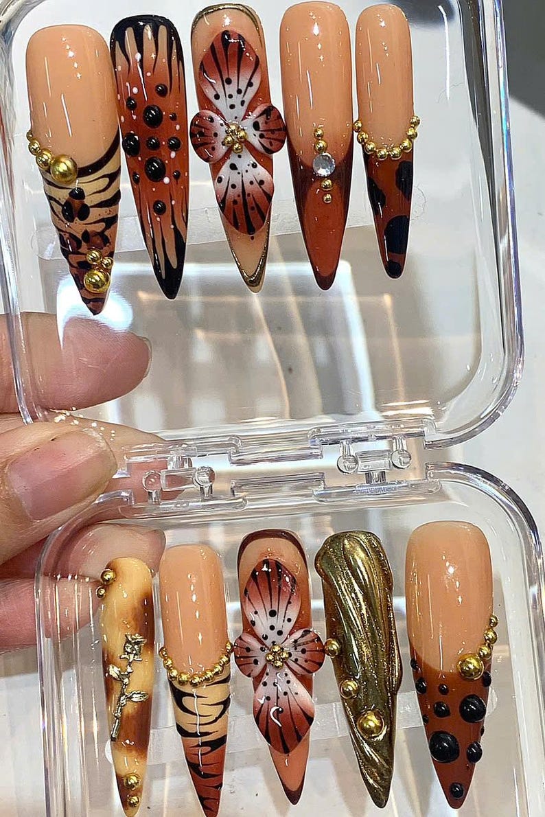Brown Gold Press On Nails with 3D Flower Design image 3