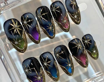 Celestial Galaxy Press On Nails: Starry Night Gold Chrome Ombre