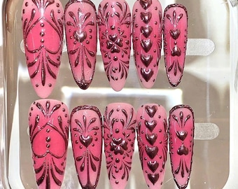 Pinkfarbene Herz-Press-On-Nägel | Romantisches Valentinstag-Nageldesign-Set | Lange pinkfarbene Ombré-Nägel