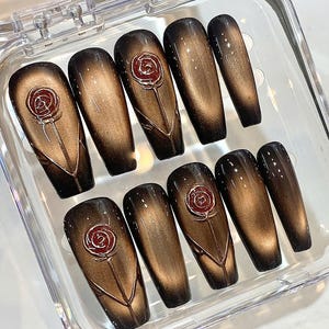 Black Rose Press On Nails: Gothic Cat Eye Magnetic Effect, Handmade image 2