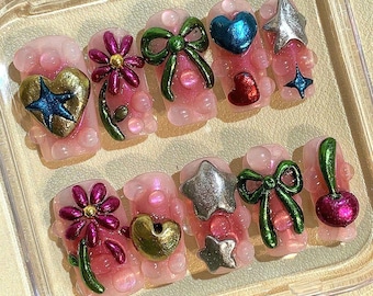 Y2K 3D Jelly Heart Press On Nails: Kawaii Pink Bow, Star & Cherry Charms