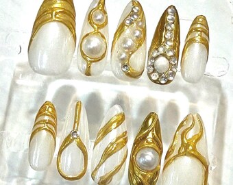 Luxury Press-On Nails, White Gold Chrome, Pearl Rhinestone Set (Reusable)