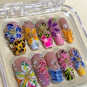 3D Flower Press On Nails: Wild Floral Leopard Print, Handmade