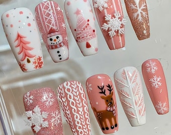 Pink Christmas Press On Nails – Holiday Nail Art Set