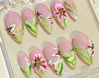 Floral Press On Nails – Hand Painted Pink Red 3D Nail Set