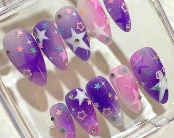 Y2K Star Press On Nails: Purple Pink Cosmic Ombre, Celestial Glitter