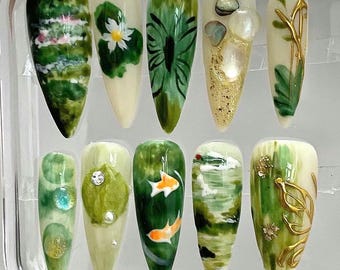 Hand Painted Press On Nails - Green Nature, Koi Fish, Lotus Pond - Custom False Nails