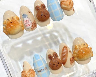 3D Bakery Bunny Press On Nails, Kawaii Food Nail Art, Pastel Japanese Style Statement